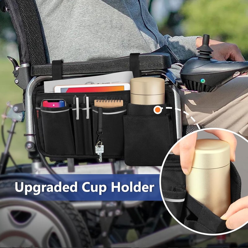 FINPAC Wheelchair Side Organizer Bag with Cup Holder, Wheelchair Armrest Accessories Pouch with Pen Slot and Reflective Strips for Power Wheelchairs, Walkers, Rollators, Adults, Seniors - Black - Image 3